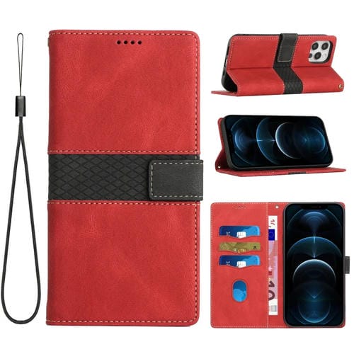 Funda de Cuero para iPhone 15 Pro con Costuras en Cuadrícula y Cordón (Rojo)