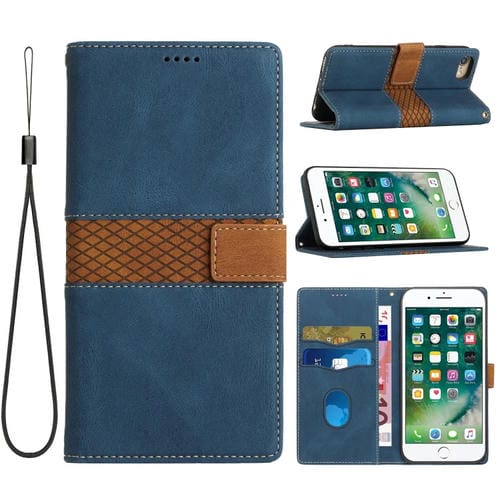 Funda de Cuero para iPhone Se 2022/2020 con Costuras de Cuadrícula y Cordón (Azul)