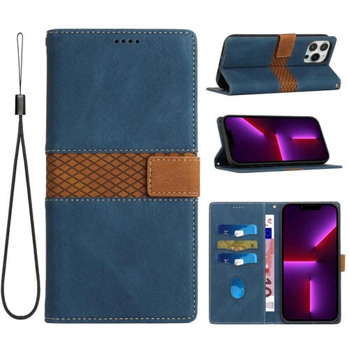 Funda Cuero iPhone 13 Pro Max Costuras Cuadrícula con Cordón (Azul)