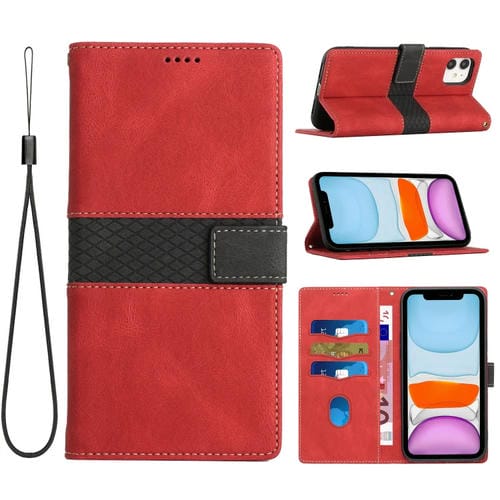 Funda para iPhone 11 de Cuero con Costuras en Cuadrícula y Cordón (Rojo)