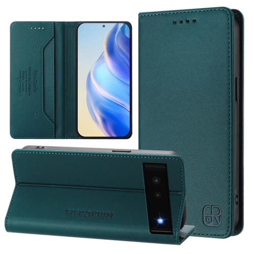 Funda de Cuero con Doble Pliegue y Succión Magnética RFID para Google Pixel 6 Rc01 (Verde Oscuro)