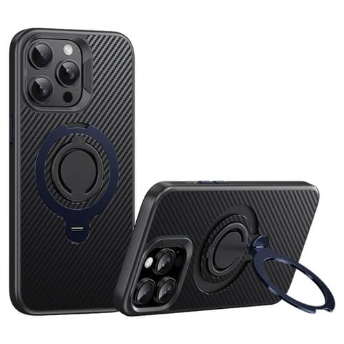 Funda de Teléfono Magsafe Fibra de Carbono para iPhone 13 Pro Max con Soporte Giratorio 360 (Negro y Azul)