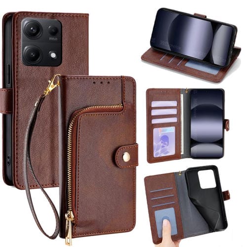 Funda de cuero con cremallera para Redmi Note 14S 4G (marrón)