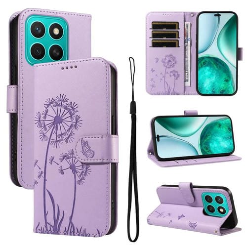 Funda de Cuero con Tapa y Estampado Diente de León para Honor X8C 4G (Morado)