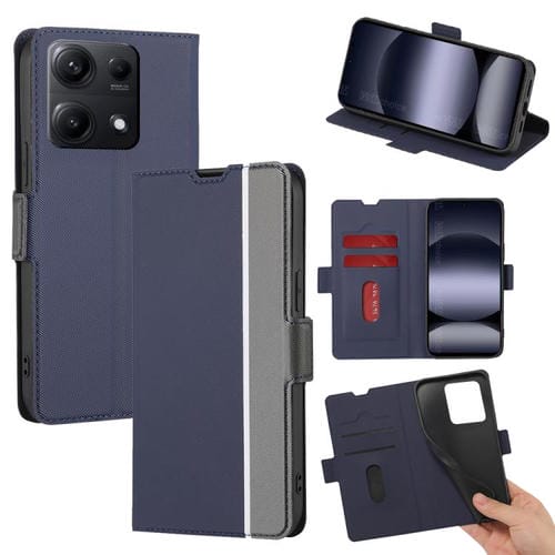 Funda de cuero con textura de sarga y botones laterales para Redmi Note 14S 4G (azul)