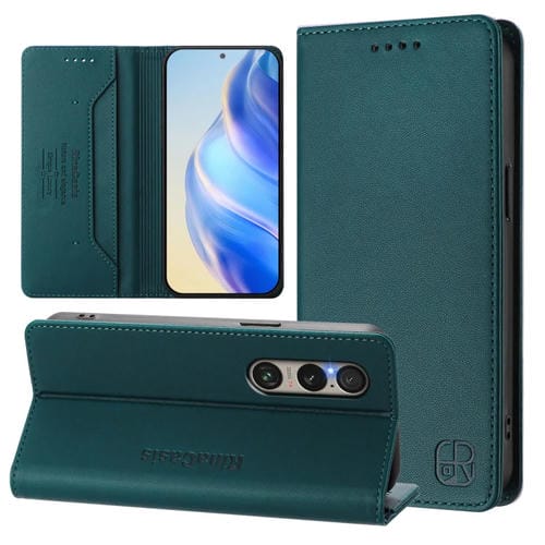 Funda de Cuero con Doble Pliegue y Succión Magnética para Sony Xperia 1 Vi (2024) (Verde Oscuro)