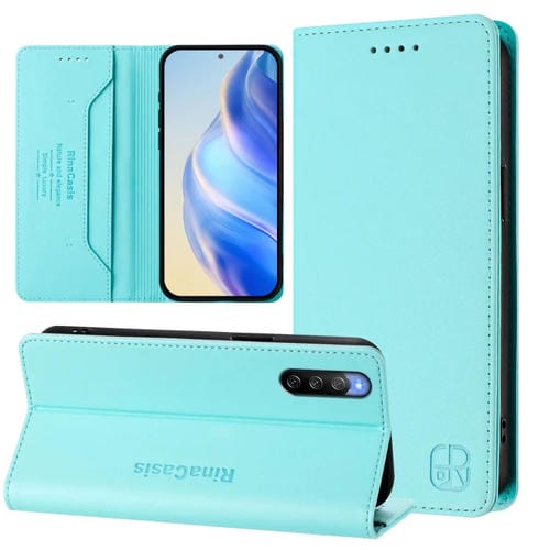 Funda de Cuero para Sony Xperia 10 V 2023 Rc01 con Doble Pliegue y Succión Magnética Rfid (Verde Menta)