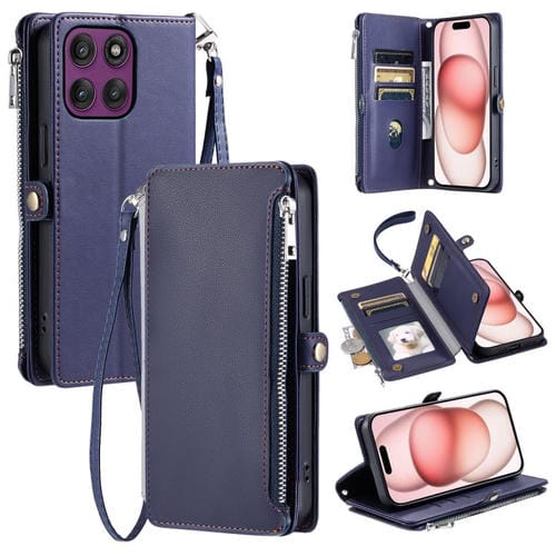 Funda de cuero con cremallera y ranura para múltiples tarjetas para Motorola Edge 60 Pro (azul)