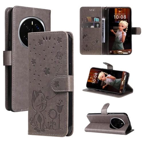 Funda de Cuero a Prueba de Golpes para Honor Magic7 Pro (Gris) con Estampado de Abeja y Gato
