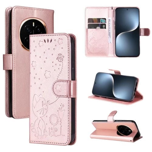 Funda de Cuero a Prueba de Golpes para Honor Magic7 con Estampado de Abeja y Gato (Oro Rosa)