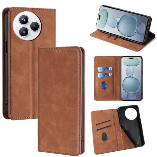 Funda de cuero magnética con textura de piel para Xiaomi Civi 5 Pro 5G (marrón claro)