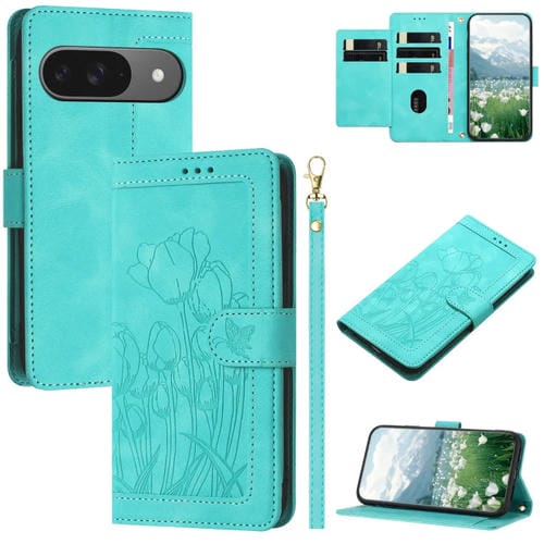 Funda de Cuero con Relieve de Tulipanes para Google Pixel 9/9 Pro con Cordón (Verde)