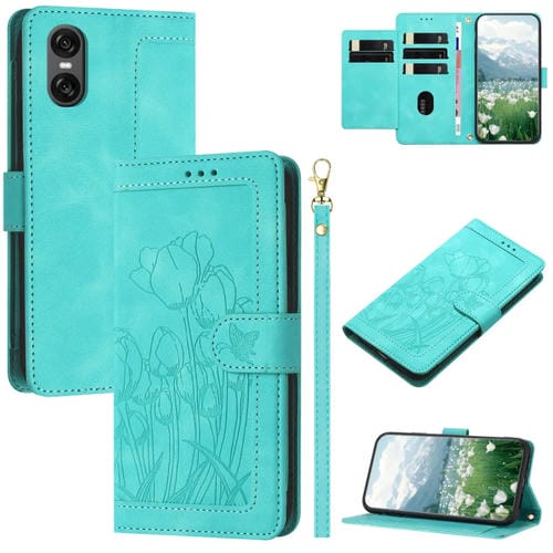 Funda de Cuero con Relieve de Tulipanes para Sony Xperia 10 Vi con Cordón (Verde)