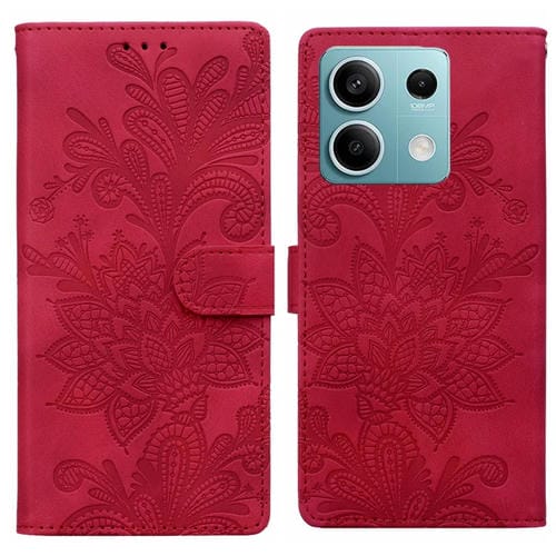 Funda de Teléfono con Hebilla Magnética y Encaje Floral En Relieve para Redmi Note 14 4G/5G (Roja)