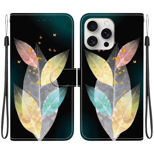 Funda de Cuero para iPhone 16 Pro Max con Dibujo de Colores y Textura de Cristal (Hojas de Colores)