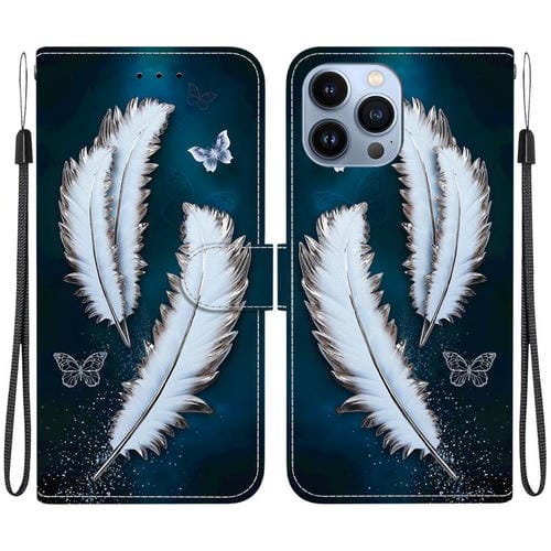 Funda de Cuero iPhone 14 Pro Dibujo Colores Textura Cristal (Plumas de Mariposa Blancas)