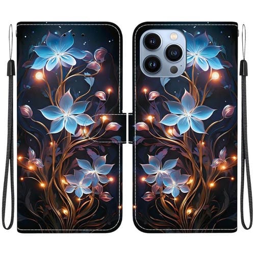 Funda de Cuero para iPhone 13 Pro Max con Dibujo de Colores y Textura de Cristal (Flor de Linterna Pequeña)