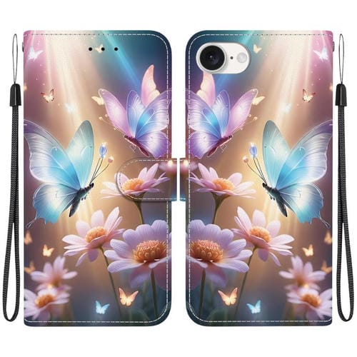 Funda de Cuero iPhone 16E Dibujo Colores Textura Cristal (Mariposa, Amor y Flores)