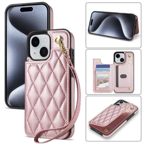 Estuche para Teléfono Rombal para iPhone 15 con Ranuras para Tarjetas y Hebilla Doble con Cordón (Oro Rosa)