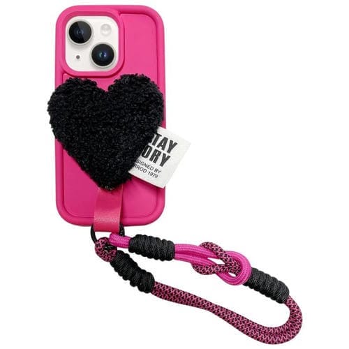 Funda para Teléfono iPhone 13 Diseño Corazón de Peluche con Cordón (Rosa Rojo)