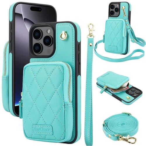 Funda para iPhone 16 Pro Awquer Cremallera y Bandolera Piel de Lichi (Verde Menta)