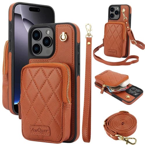 Funda para Teléfono Awquer iPhone 16 Pro Piel de Lichi Cremallera Cartera Cruzada (Marrón)