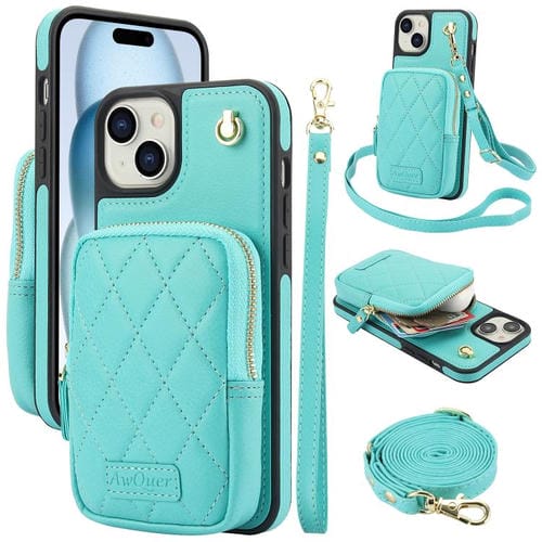 Funda para Teléfono Awquer iPhone 15 Plus Piel de Lichi Cremallera Cartera Cruzada (Verde Menta)