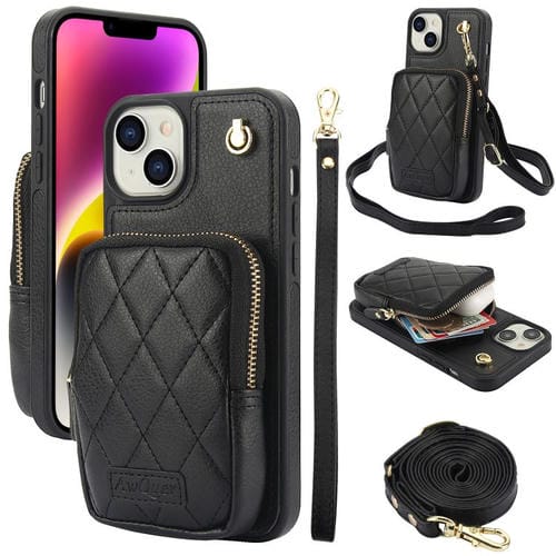 Cartera Cruzada Awquer para iPhone 14/13 con Cremallera Funda de Piel de Lichi (Negra)