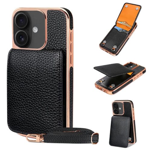 Funda de Teléfono Tipo Billetera Vietao Textura de Lichi Cordón de Pu para iPhone 16 (Negra)