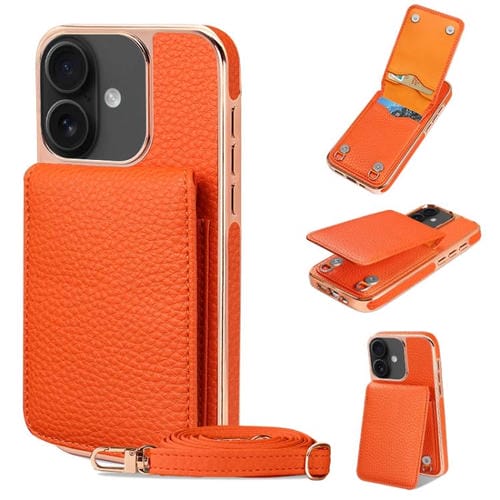 Funda de Teléfono Tipo Billetera Vietao con Textura de Lichi y Cordón de Pu para iPhone 16 (Naranja)