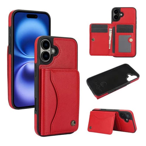 Funda de Cuero con Tapa Horizontal para iPhone 16 Awquer con Tarjetero (Rojo)