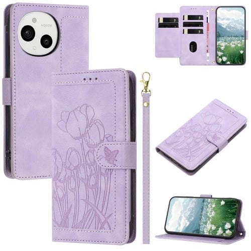 Funda de Cuero con Relieve de Tulipanes para Sharp Aquos Sense9 con Cordón (Morado)