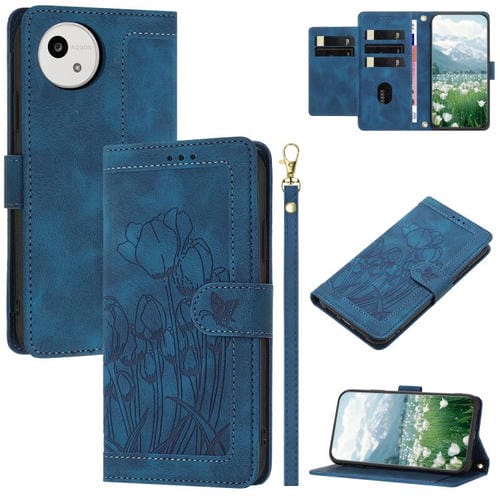 Funda de cuero con relieve de tulipanes y cordón para Sharp Aquos wish5 (azul)