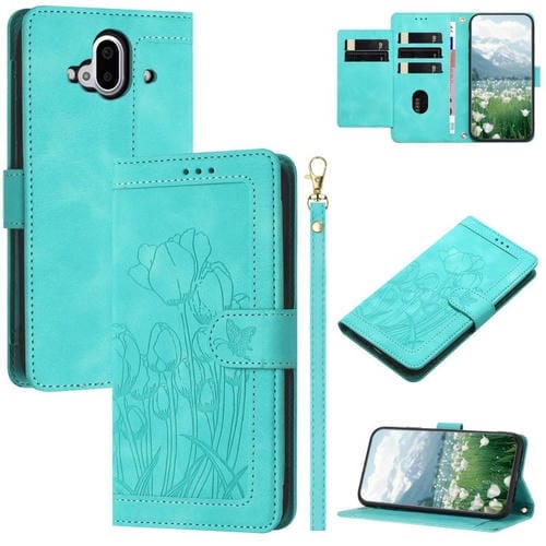 Funda de Cuero con Relieve Tulipanes para Teléfono Fujitsu Arrows F-52B con Cordón (Verde)