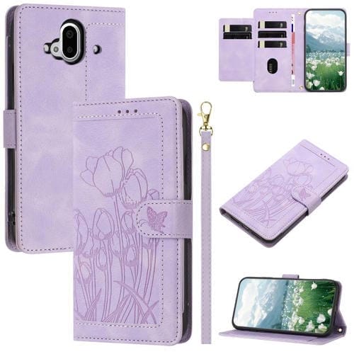 Funda de Cuero con Relieve Tulipanes para Fujitsu Arrows F-52B con Cordón (Morado)