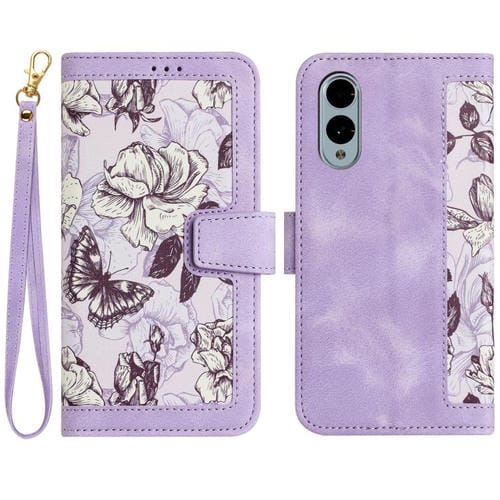 Funda de Cuero para Fujitsu Arrows We2 con Estampado Floral y Cordón (Morado Claro)