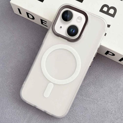 Funda Híbrida TPU y PC para iPhone 15 Magsafe con Marco de Lente de Diamante (Blanca)