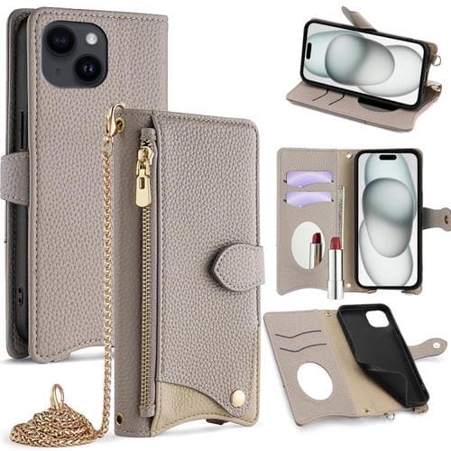Funda de Piel de Lichi con Cadena Cruzada y Cola de Pez para iPhone 15 Plus (Gris)