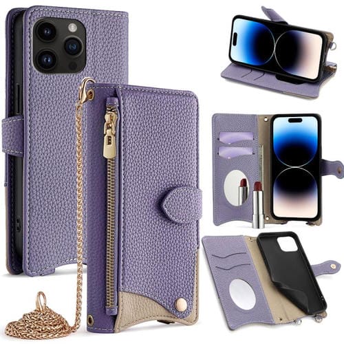 Funda de Piel de Lichi con Diseño de Cola de Pez y Cadena Cruzada para iPhone 14 Pro (Morada)