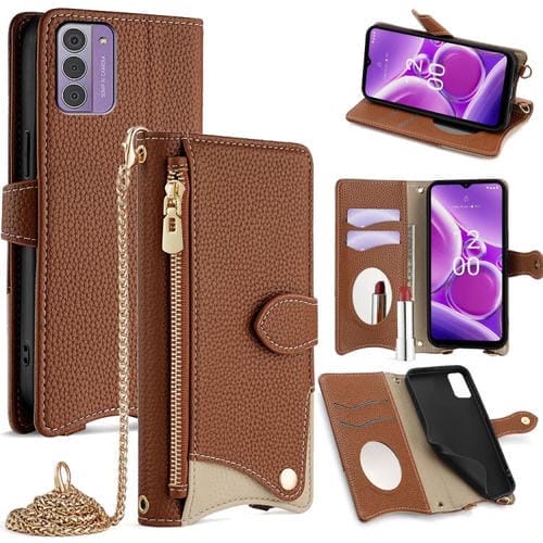 Funda para Teléfono Nokia G42/G310 con Cadena Cruzada y Cola de Pez de Cuero de Lichi (Marrón)