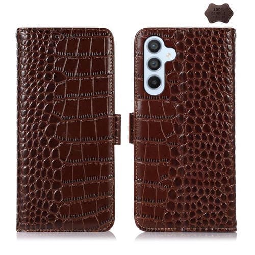 Funda de piel de vacuno con capa superior de cocodrilo para Samsung Galaxy S25 FE 5G (marrón)