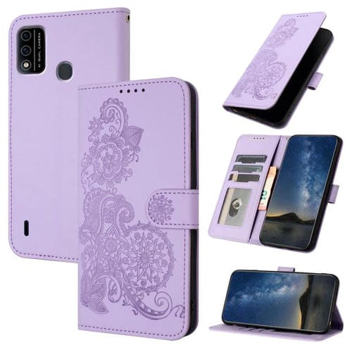 Funda de Cuero con Tapa para Teléfono Itel A48 con Relieve de Flor de Datura (Morado)