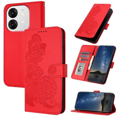 Funda de Cuero con Tapa para Teléfono Itel A80 Diseño Flor de Datura en Relieve (Rojo)