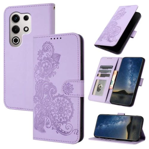 Funda de Cuero con Tapa para Teléfono Itel S25 Ultra con Relieve Flor de Datura (Morado)