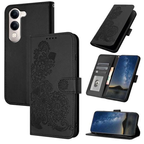 Funda de Cuero con Tapa y Relieve de Flor de Datura para Vivo Y29S 5G / Y04 4G (Negro)