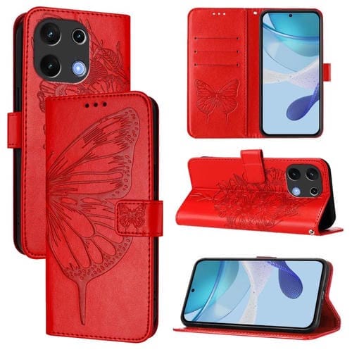 Funda de Cuero para Umidigi Note 100 con Diseño de Mariposa En Relieve (Roja)