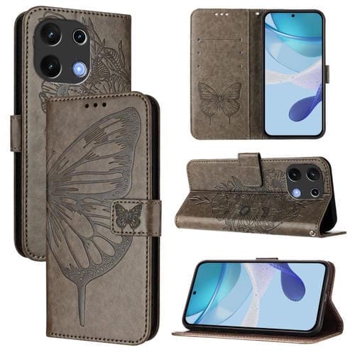 Funda de Cuero para Umidigi Note 100 con Diseño de Mariposa En Relieve (Gris)