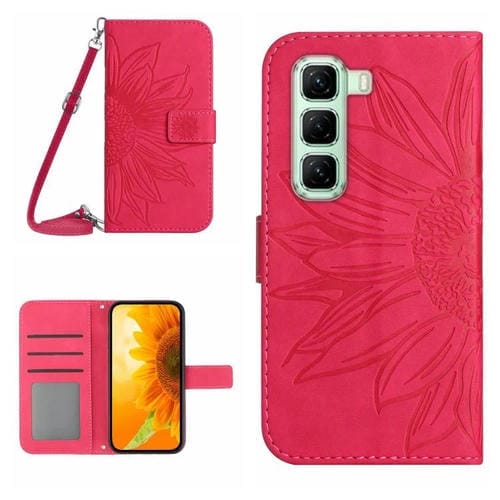 Funda de Cuero con Tapa y Cordón para Infinix Hot 50 Pro+ 4G con Diseño de Girasol (Rosa y Rojo)