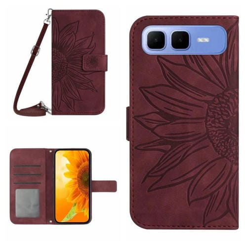 Funda de cuero con tapa y cordón para Infinix Smart 10 Plus 4G, con diseño de girasoles en relieve y tacto suave (rojo vino)