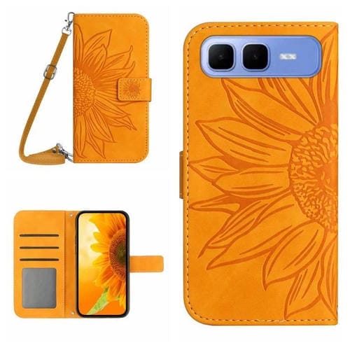 Funda de cuero con tapa y cordón para Infinix Smart 10 Plus 4G, con diseño de girasoles en relieve y tacto suave (amarilla)